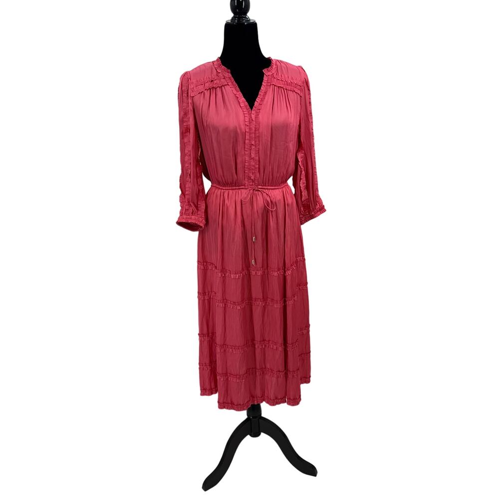 Chico's Midi Tie Waist Ruffle Dress French Rose 2/12 - Picture 2 of 5